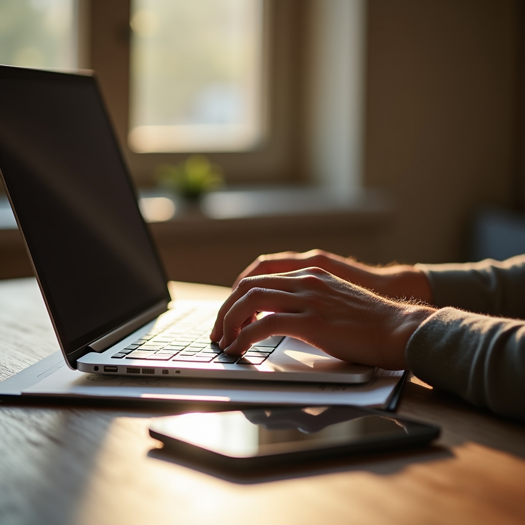 Persoană scriind un mesaj pe laptop, într-un spațiu de lucru ordonat